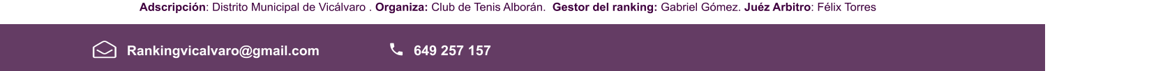 Adscripción: Distrito Municipal de Vicálvaro . Organiza: Club de Tenis Alborán.  Gestor del ranking: Gabriel Gómez. Juéz Arbitro: Félix Torres    Rankingvicalvaro@gmail.com 649 257 157