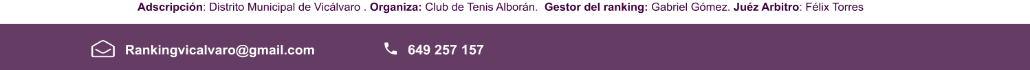 Adscripción: Distrito Municipal de Vicálvaro . Organiza: Club de Tenis Alborán.  Gestor del ranking: Gabriel Gómez. Juéz Arbitro: Félix Torres    Rankingvicalvaro@gmail.com 649 257 157