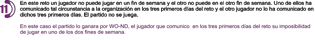 En este reto un jugador no puede jugar en un fin de semana y el otro no puede en el otro fin de semana. Uno de ellos ha comunicado tal circunstancia a la organización en los tres primeros días del reto y el otro jugador no lo ha comunicado en dichos tres primeros días. El partido no se juega.  En este caso el partido lo ganara por WO-ND, el jugador que comunico  en los tres primeros días del reto su imposibilidad de jugar en uno de los dos fines de semana. 11