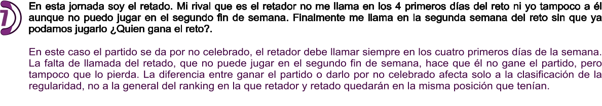 En esta jornada soy el retado. Mi rival que es el retador no me llama en los 4 primeros días del reto ni yo tampoco a él aunque no puedo jugar en el segundo fin de semana. Finalmente me llama en la segunda semana del reto sin que ya podamos jugarlo ¿Quien gana el reto?.  En este caso el partido se da por no celebrado, el retador debe llamar siempre en los cuatro primeros días de la semana. La falta de llamada del retado, que no puede jugar en el segundo fin de semana, hace que él no gane el partido, pero tampoco que lo pierda. La diferencia entre ganar el partido o darlo por no celebrado afecta solo a la clasificación de la regularidad, no a la general del ranking en la que retador y retado quedarán en la misma posición que tenían.    7