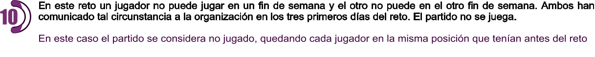 En este reto un jugador no puede jugar en un fin de semana y el otro no puede en el otro fin de semana. Ambos han comunicado tal circunstancia a la organización en los tres primeros días del reto. El partido no se juega.  En este caso el partido se considera no jugado, quedando cada jugador en la misma posición que tenían antes del reto     10